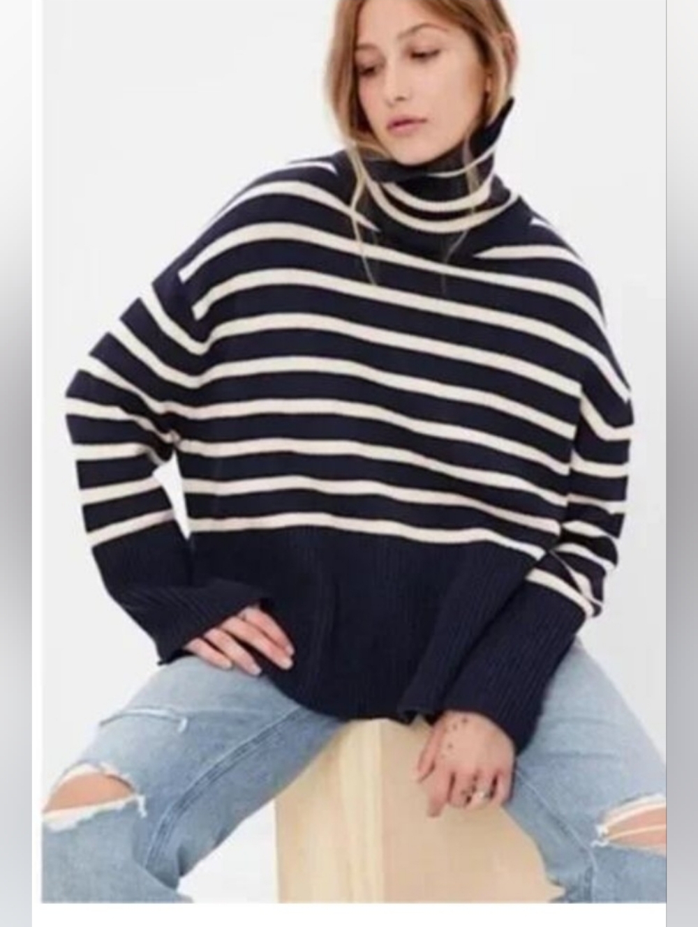 Gap Split Hem Navy/Cream Striped Turtleneck Sweater